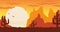 Wild west at sunset illustration. Orange silhouettes of Arizona mountains brown cactuses.
