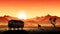 Wild West Sunset: Silhouettes of Covered Wagon and Horse in Untamed Terrain