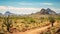 Wild West Texas desert landscape with mountains and cacti