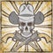 Wild west vintage grunge emblem with revolvers and skull, cartoon vector illustration.