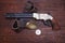 Wild West weapon - Volcanic Repeating Pistol with US Army belt with buckle and silver dollar
