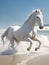 Wild white horse racing across a beach