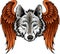 wild wolf or husky sled dog head and wings portrait