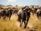 wildebeest running in africa grassland