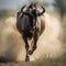 Wildebeest running through dust in Kruger National Park, South Africa