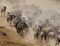 Wildebeests running through the savannah. Great Migration. Kenya. Tanzania. Masai Mara National Park.