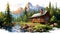 Wilderness Cabin Painting: Simplistic Vector Art Of Western Natural Setting