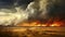 Wildfire consuming an agricultural field and filling the horizon with its flames and smoke beneath dramatic sky. Generative AI