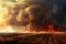 Wildfire consuming a farmland, the horizon ablaze and obscured by smoke against a dramatic sky. Generative AI realistic