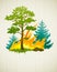 Wildfire disaster with burning forest trees