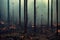 Wildfire in forest caused by human deforestation landscape background. Massive smoke from bushfire disaster apocalyptic