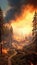 Wildfire rages in drought-ridden forest, smoke covers the burning horizon. (Generative AI