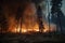 wildfire rages in forest at night, with flames and smoke lighting up the sky