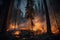 wildfire rages in forest at night, with flames and smoke lighting up the sky