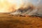Wildfire running across dry agricultural field or pasture. Generative AI realistic illustration