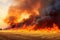 Wildfire\\\'s destructive path across a farmland, black smoke rises from burning agricultural field. Generative AI realistic