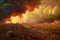 Wildfire\\\'s rampage across a dry agricultural field, the skyline ablaze and smoke-filled beneath dramatic sky. Generative AI