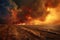 Wildfire sweeping through agricultural land, with a horizon filled with flames and smoke against a deeply saturated red sky.