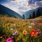 Wildflower Field With Mountain Backdrop