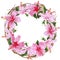 Wildflower hibiscus pink flower wreath in a watercolor style.