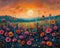 Wildflower meadow at dawn painted with a fresh vibrant palette
