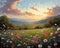 Wildflower meadow at dawn painted with a fresh vibrant palette