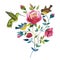 Wildflower rose flower with bird colibri in a watercolor style isolated.