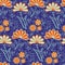 Wildflower seamless vector pattern background. Indigo orange blue meadow flowers backdrop. Hand drawn line art outline