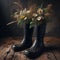 Wildflowers are inserted into to high black boots.