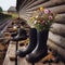 Wildflowers are inserted into to high black rubber boots.