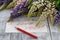 Wildflowers. Lupine flowers on old shabby wooden table