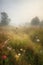 Wildflowers and a simple meadow and light sky in a misty background. Generative AI