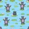 Wildlife in africa, cute baby hippo with family, hippopotamus tribe in pond with water lily and lotus, vector seamless pattern.