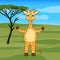 Wildlife in africa, cute baby hugging giraffe in savannah, cartoon editable vector illustration, for kids apparel, fabric