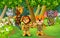 Wildlife Animals In Forest With GRass Field, Trees, And White Flower Cartoon