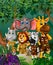 Wildlife Animals In Forest With Tropical Plant Flower Cartoon