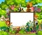 Wildlife Animals With Square White Board, Trees, And Flower Cartoon
