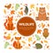 Wildlife Banner Template, Autumn Forest Seamless Pattern, Colorful Fall Leaves and Cute Woodland Animals Cartoon Vector
