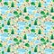 Wildlife. Doodle seamless pattern with trees, plants, with hedgehogs and a pond with ducks