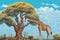 wildlife illustration, background picture, long giraffe, and long tree, savanna, african nature ,
