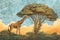 wildlife illustration, background picture, long giraffe, and long tree, savanna, african nature generative helper.