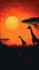 Wildlife liberty Giraffe silhouettes in savanna at sunset, vector illustration