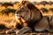 wildlife photography of an African lion sitting , brown grass sun set