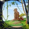 Wildlife scene, view from the tropical jungle to a mountain in the shape of a monkey. Adventures and explore in the environment.