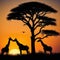 a wildlife setting sun with giraffes and other wild animals