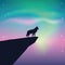 Wildlife wolf looks in the colorful starry sky with aurora borealis