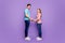 Will you marry me. Full body profile photo of cute couple stand opposite hold hands love confession wear casual blue