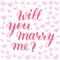 Will you marry me hand drawn vector lettering, isolated pink phrase to propose and pop the question, script calligraphy