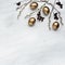 Willow and alder branches, golden eggs on Carrara marble counter