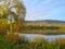 Willow trees and other various vegetation on the banks of a tranquil lake